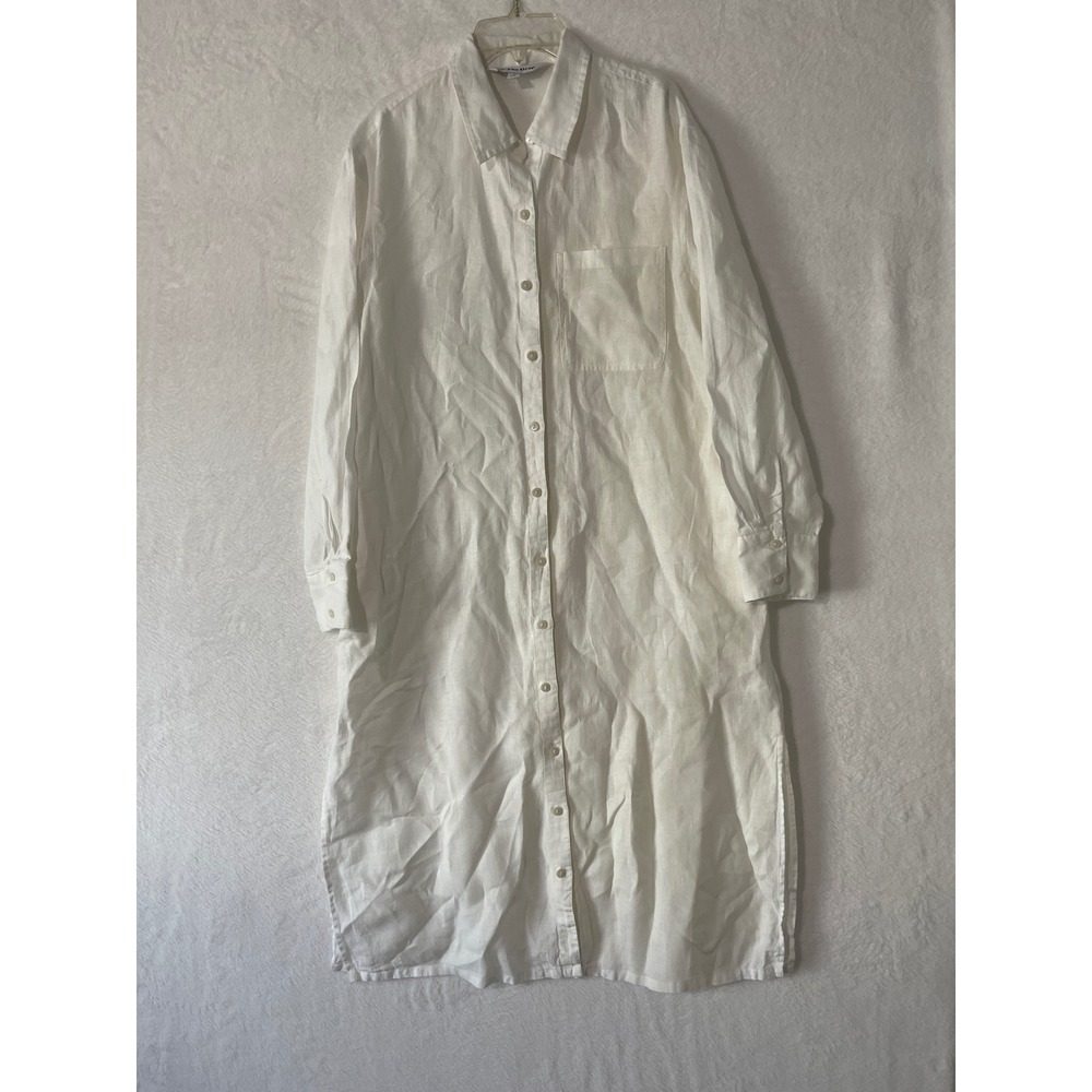 The Drop Women White Linen Long Sleeve Button Down Shirt Dress Sz Med Lagenlook - Picture 2 of 5
